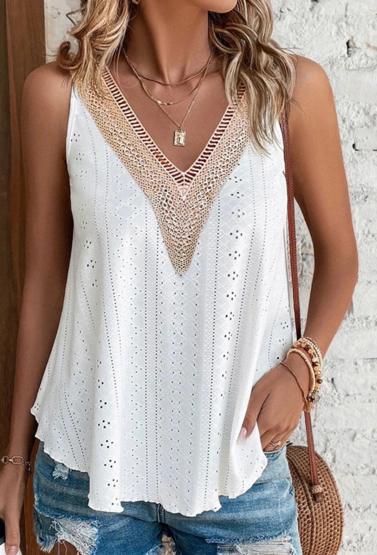White Lace Crochet V Neck Tank Top